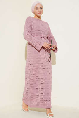 Yatay Ajurlu İp Kuşaklı Triko Elbise Pudra 