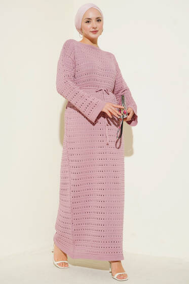 Yatay Ajurlu İp Kuşaklı Triko Elbise Pudra - Elbise