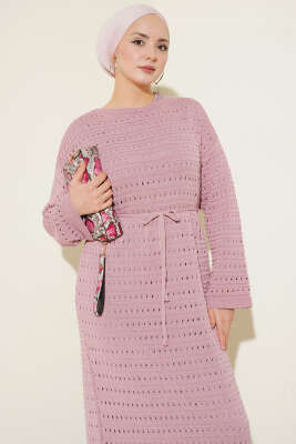 Yatay Ajurlu İp Kuşaklı Triko Elbise Pudra - Elbise