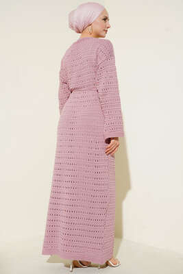 Yatay Ajurlu İp Kuşaklı Triko Elbise Pudra - Elbise