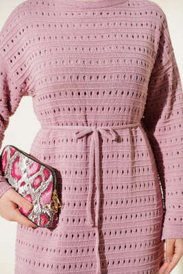 Yatay Ajurlu İp Kuşaklı Triko Elbise Pudra - Elbise