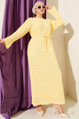 Yatay Ajurlu İp Kuşaklı Triko Elbise Sarı - RAFİMİX