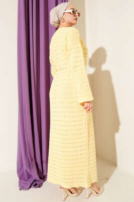 Yatay Ajurlu İp Kuşaklı Triko Elbise Sarı - Elbise