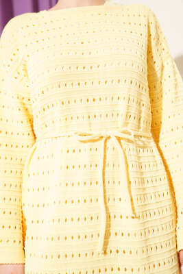 Yatay Ajurlu İp Kuşaklı Triko Elbise Sarı - Elbise