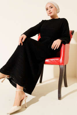 Yatay Ajurlu İp Kuşaklı Triko Elbise Siyah - Elbise