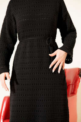 Yatay Ajurlu İp Kuşaklı Triko Elbise Siyah - Elbise