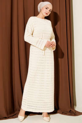 Yatay Ajurlu İp Kuşaklı Triko Elbise Taş - RAFİMİX