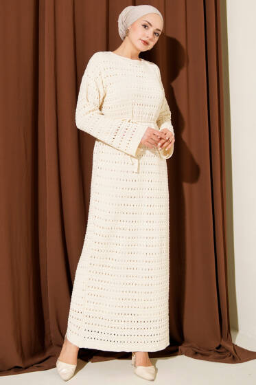 Yatay Ajurlu İp Kuşaklı Triko Elbise Taş - Elbise