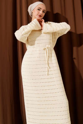 Yatay Ajurlu İp Kuşaklı Triko Elbise Taş - Elbise