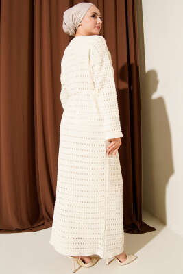 Yatay Ajurlu İp Kuşaklı Triko Elbise Taş - Elbise