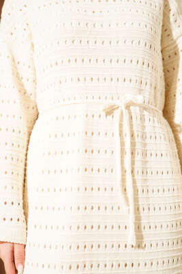 Yatay Ajurlu İp Kuşaklı Triko Elbise Taş - Elbise