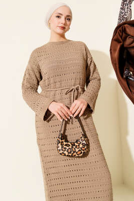 Yatay Ajurlu İp Kuşaklı Triko Elbise Vizon - Elbise