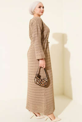 Yatay Ajurlu İp Kuşaklı Triko Elbise Vizon - Elbise