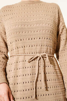 Yatay Ajurlu İp Kuşaklı Triko Elbise Vizon - Elbise