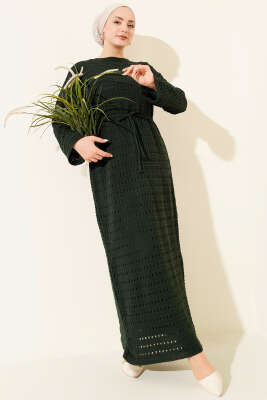 Yatay Ajurlu İp Kuşaklı Triko Elbise Zümrüt Yeşili - Elbise