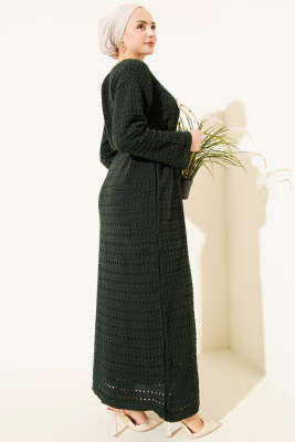 Yatay Ajurlu İp Kuşaklı Triko Elbise Zümrüt Yeşili - Elbise