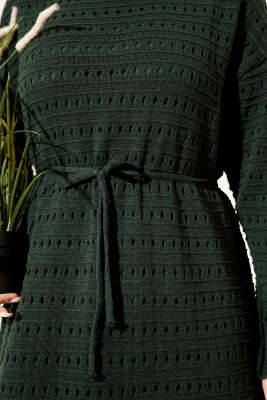 Yatay Ajurlu İp Kuşaklı Triko Elbise Zümrüt Yeşili - Elbise