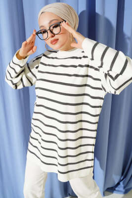 Yatay Çizgi Detaylı Basic Triko Tunik Bej Gri