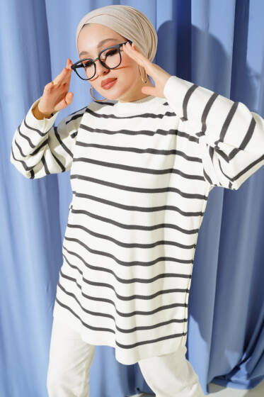 Yatay Çizgi Detaylı Basic Triko Tunik Bej Gri - Yılın Fırsatı