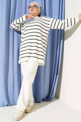 Yatay Çizgi Detaylı Basic Triko Tunik Bej Gri - Yılın Fırsatı