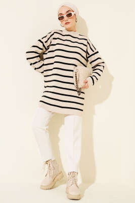 Yatay Çizgi Detaylı Basic Triko Tunik Bej - Tunik
