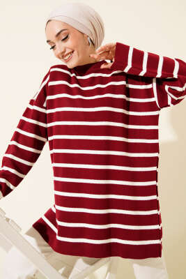 Yatay Çizgi Detaylı Basic Triko Tunik Bordo - RAFİMİX