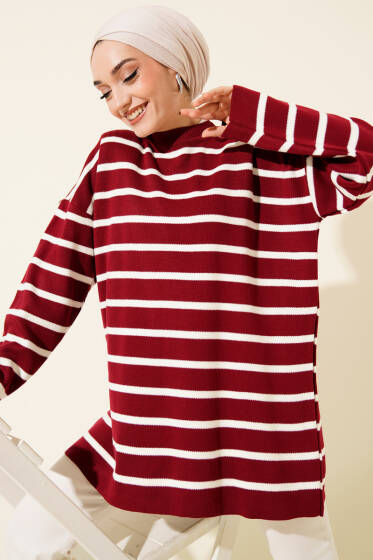 Yatay Çizgi Detaylı Basic Triko Tunik Bordo - Tunik