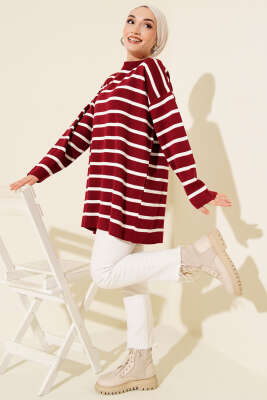 Yatay Çizgi Detaylı Basic Triko Tunik Bordo - Tunik