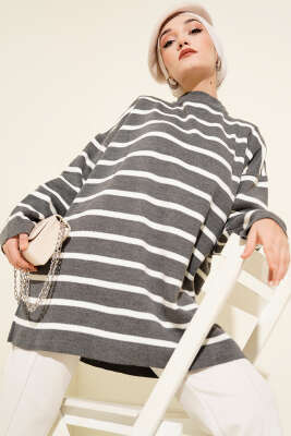 Yatay Çizgi Detaylı Basic Triko Tunik Gri - RAFİMİX