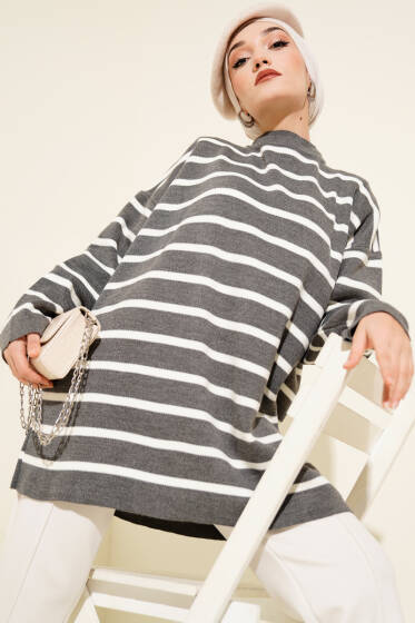 Yatay Çizgi Detaylı Basic Triko Tunik Gri - Tunik