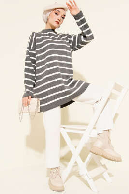 Yatay Çizgi Detaylı Basic Triko Tunik Gri - Tunik