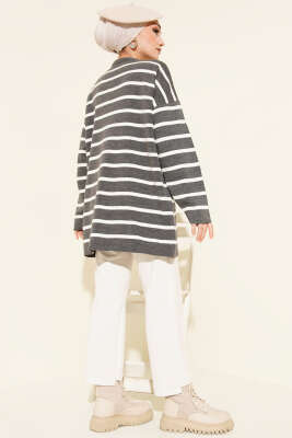 Yatay Çizgi Detaylı Basic Triko Tunik Gri - Tunik