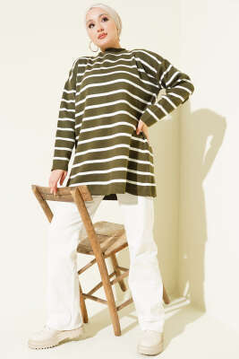 Yatay Çizgi Detaylı Basic Triko Tunik Haki - Tunik