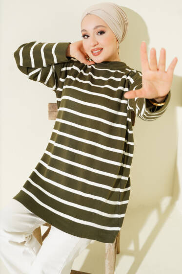 Yatay Çizgi Detaylı Basic Triko Tunik Haki - Yılın Fırsatı