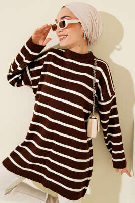 Yatay Çizgi Detaylı Basic Triko Tunik Kahve - RAFİMİX