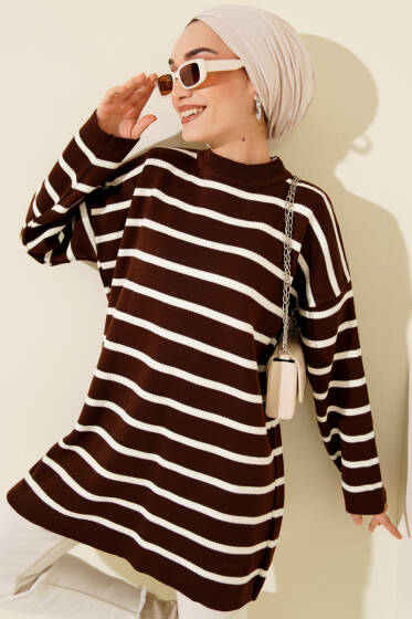 Yatay Çizgi Detaylı Basic Triko Tunik Kahve - Tunik