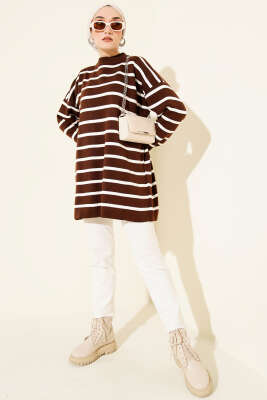 Yatay Çizgi Detaylı Basic Triko Tunik Kahve - Tunik