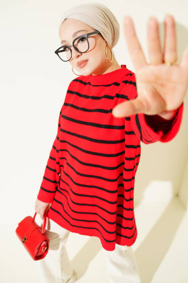 Yatay Çizgi Detaylı Basic Triko Tunik Kırmızı - Tunik