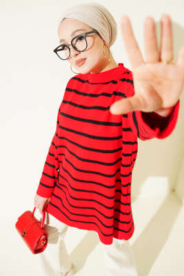 Yatay Çizgi Detaylı Basic Triko Tunik Kırmızı 