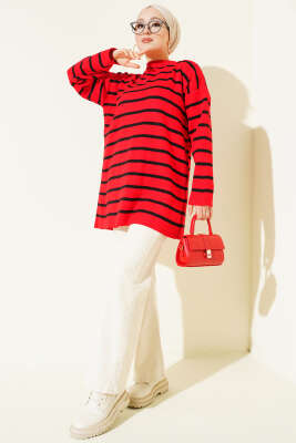 Yatay Çizgi Detaylı Basic Triko Tunik Kırmızı - Yılın Fırsatı