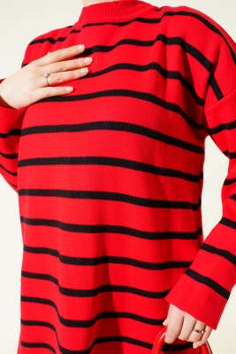 Yatay Çizgi Detaylı Basic Triko Tunik Kırmızı - Yılın Fırsatı