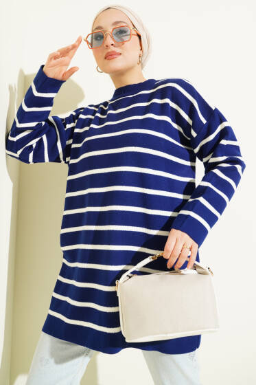 Yatay Çizgi Detaylı Basic Triko Tunik Lacivert - Tunik