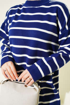 Yatay Çizgi Detaylı Basic Triko Tunik Lacivert - Tunik