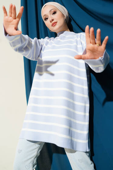 Yatay Çizgi Detaylı Basic Triko Tunik Lila - Yılın Fırsatı