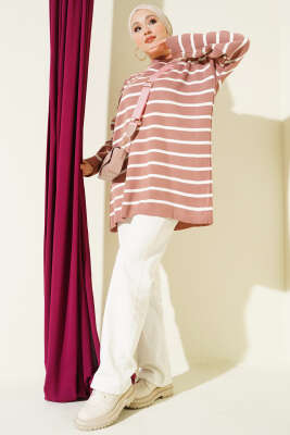 Yatay Çizgi Detaylı Basic Triko Tunik Pudra - Tunik