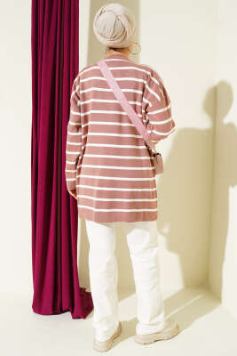 Yatay Çizgi Detaylı Basic Triko Tunik Pudra - Tunik