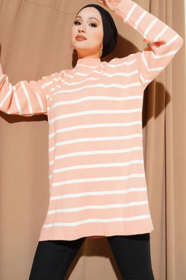 Yatay Çizgi Detaylı Basic Triko Tunik Somon - Tunik