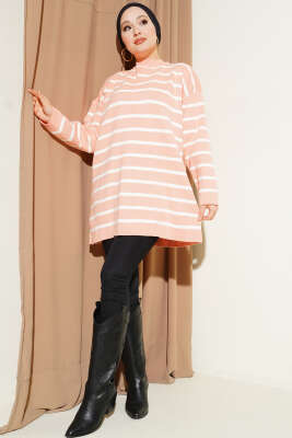 Yatay Çizgi Detaylı Basic Triko Tunik Somon - Yılın Fırsatı