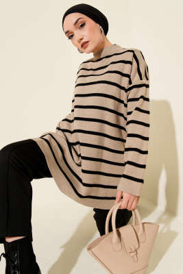 Yatay Çizgi Detaylı Basic Triko Tunik Vizon - RAFİMİX