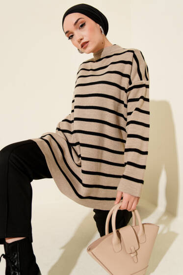 Yatay Çizgi Detaylı Basic Triko Tunik Vizon - Tunik